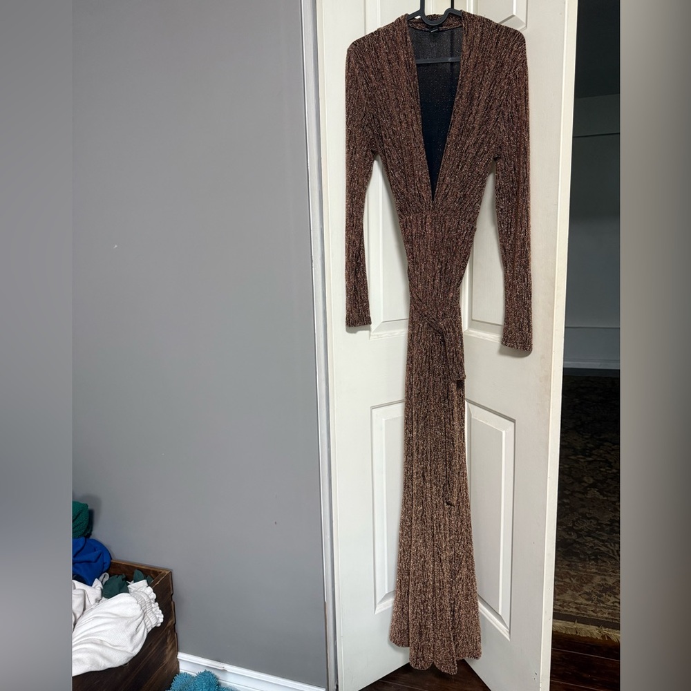 Brown Long Sleeve Knit Maxi Jumpsuit
